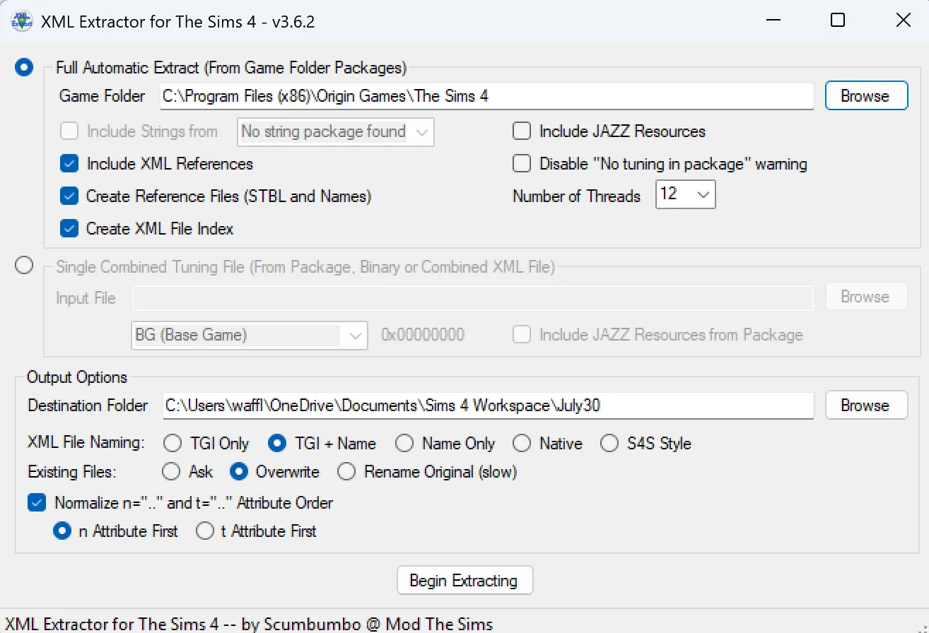 XML Extractor with all the described options selected for basic usage, as described in the text below.