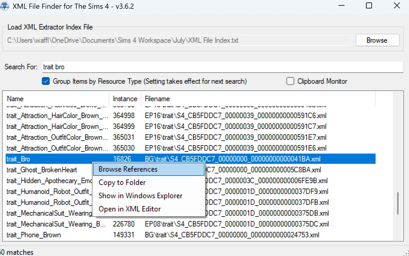 The XML File Finder with "trait_bro" entered as a search query. Trait_Bro is selected with right-click, and Browse References is highlighted.