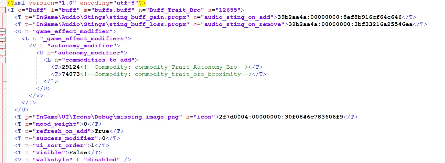The tuning found inside the Buff_Trait_Bro xml file. At the center are two commodities added to Sims by the Buff, which File Finder displays as its only "references to".