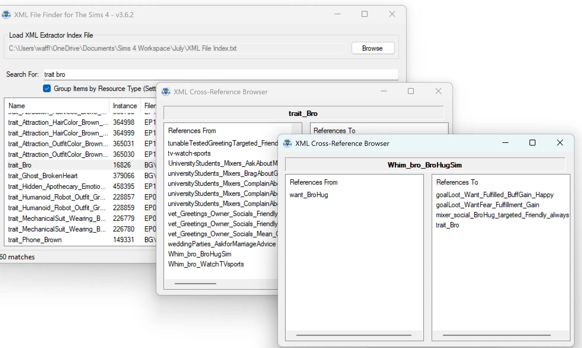 FThe File Finder open, with references for the selected tuning trait_Bro open on top, and another reference window for Whim_bro_broHugSim on top of that. Multiple reference windows can be open at once to track several pieces of tuning.