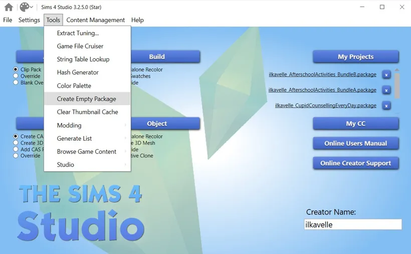 Sims 4 Studio, with the Tools menu open and Create Empty Package selected