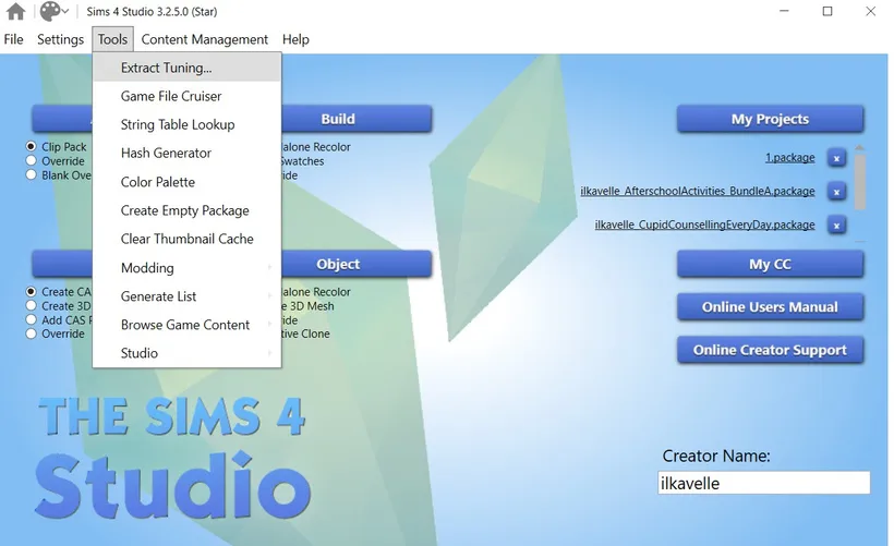 Sims 4 Studio, with the Tools menu open and Extract Tuning... selected