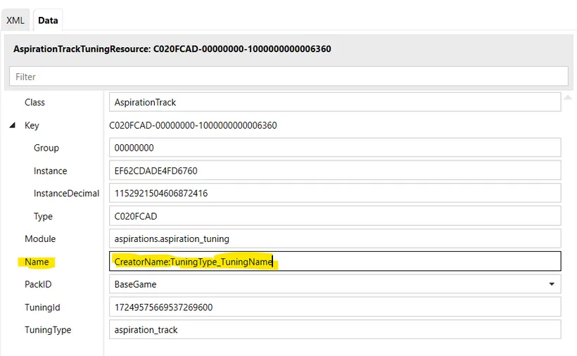 The Data tab of a file, with the Name field highlighted