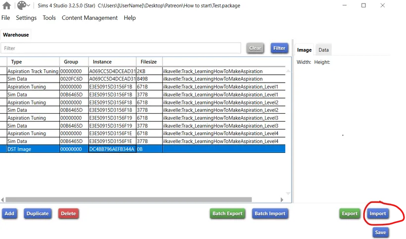 An empty image added to a file, Test.package, with the Import button circled