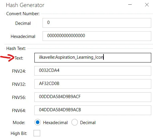 The Hash Generator window, with a red arrow pointing to the text field, which has `ilkavelle' entered