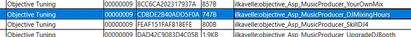 A small section of the files in Music Producer Aspiration, with ilkavelle:objective_Asp_MusicProducer_DJMixingHours highlighted.