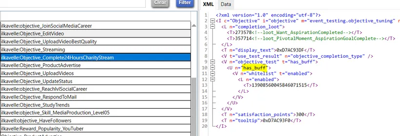 An objective selected on the left, with the XML on the right showing a test for a buff.
