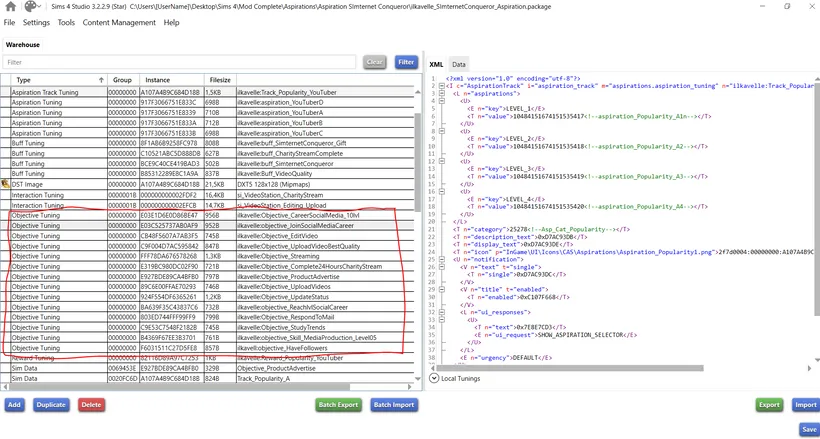The package file for Simternet Conqueror Aspiration open in Sims 4 Studio, sorted by Type, with the Objective Tunings outlined in red.