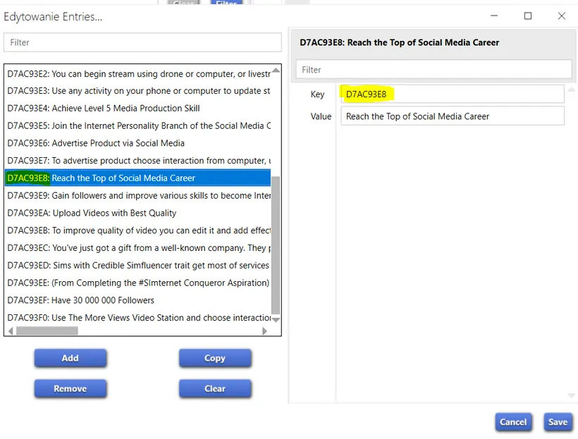 The string table of Simternet Conqueror Aspiration, with Reach the Top of Social Media Career selected.