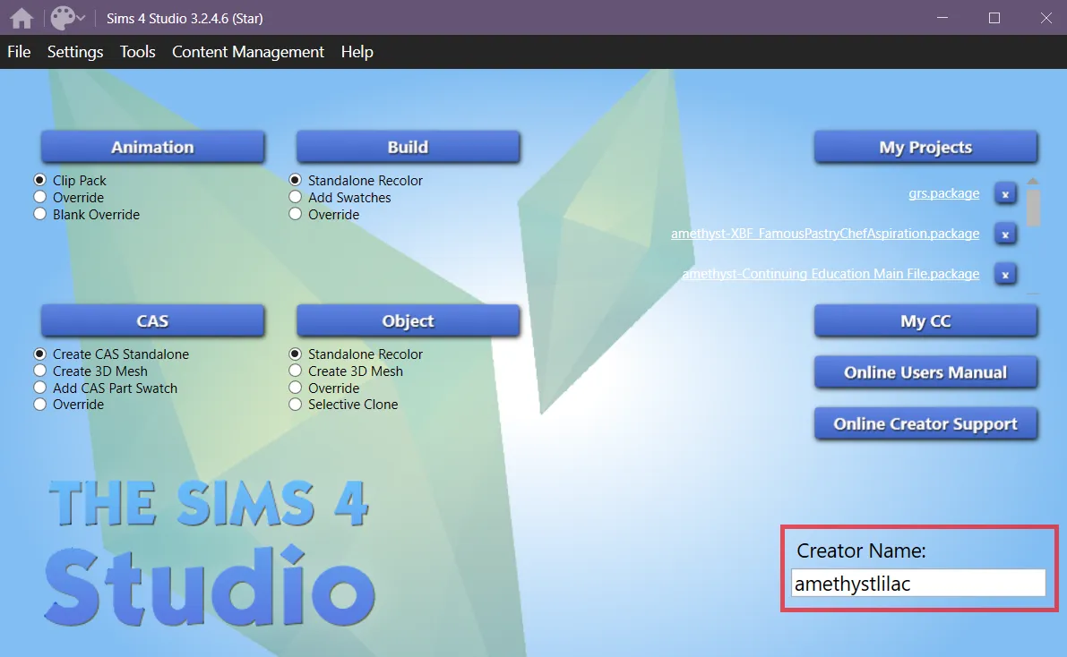 S4S open to the main menu, with the Creator Name in a red box