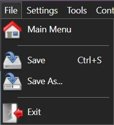 The File menu of S4S, with four options: Main Menu, Save, Save As..., and Exit