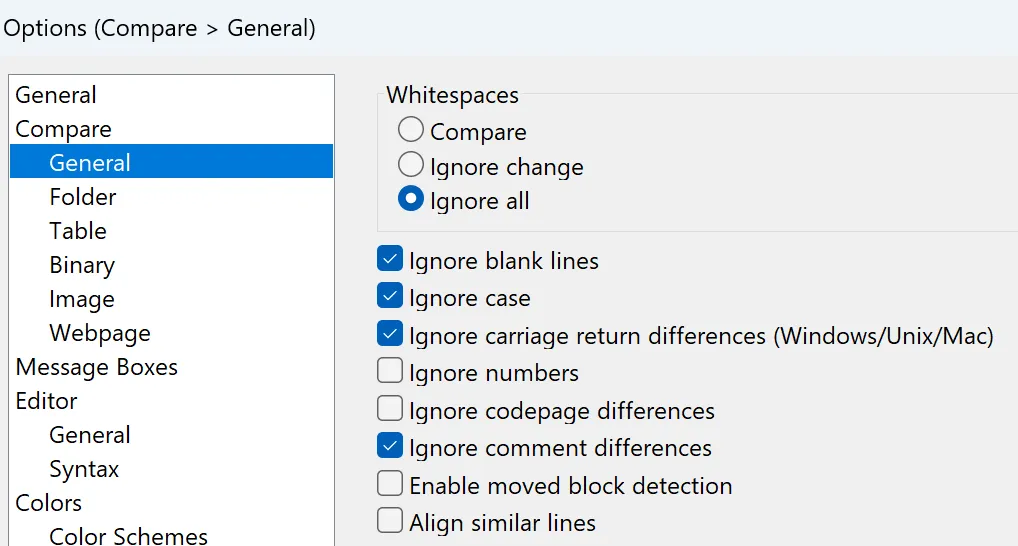 Settings under "Compare -> General" in WinMerge. Ignore Blank Lines, Ignore Case, Ignore Carriage REturn Differences, and Ignore Comment Differences are checked.