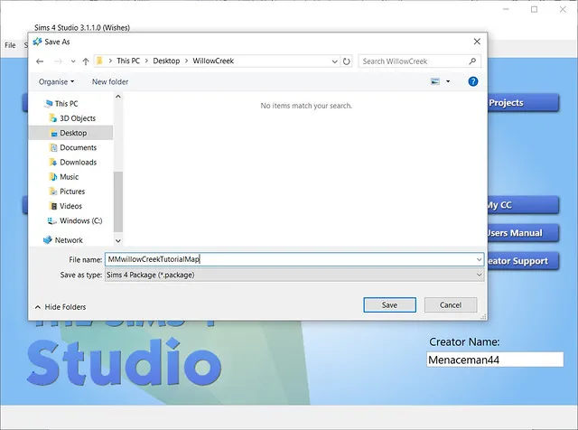A Save As window, with the file name &#x27;MMwillowCreekTutorialMap&#x27;