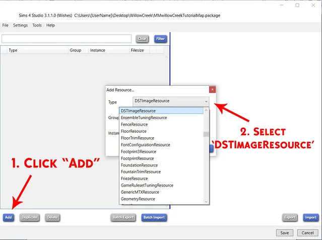 An empty package file open in Sims 4 Studio, with red text saying '1. Click "Add"' pointing to the Add button at the bottom left, and red text saying '2. Select 'DSTImageResource'' at the right, pointing to the Add Resource window
