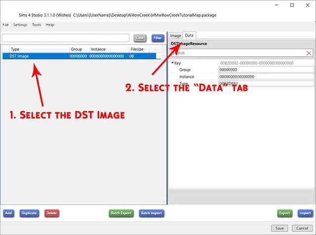 A package with one DST Image open in Sims 4 Studio. Red text saying &#x27;1. Select the DST image&#x27; points to the image file on the left. Red text saying &#x27;2. Select the "Data" tab&#x27; points to the Data tab on the right.