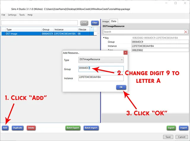 The package file open in Sims 4 Studo. Red text saying &#x27;1. Click "add&#x27; points to the Add button. Red text saying &#x27;2. Change digit 9 to letter A&#x27; points to the group number in the Add Resource window. Red text saying &#x27;3. Click "OK"&#x27; points to the OK button in the Add Resource window.