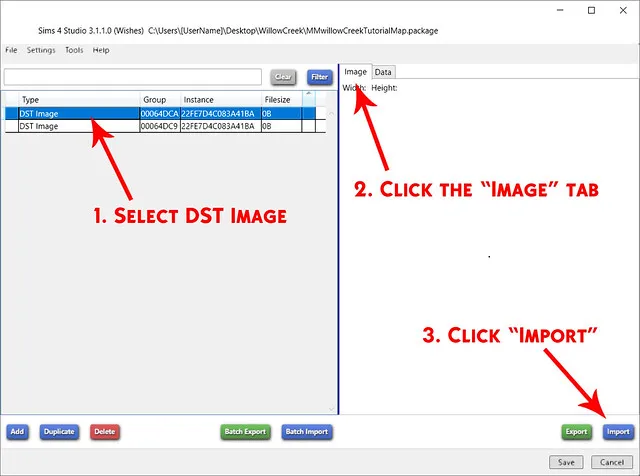The package file open in Sims 4 Studo, now with two DST Images. Red text saying &#x27;1. Select DST image&#x27; points to the first DST image on the left. Red text saying &#x27;2. Click the "Image" tab&#x27; points to the Image tab on the right. Red text saying &#x27;3. Click "Import"&#x27; points to the Import button at the bottom right.