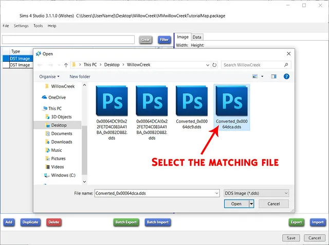 An Open window with 4 files. The last file is selected. Red text saying &#x27;Select the matching file&#x27; points at the last file.