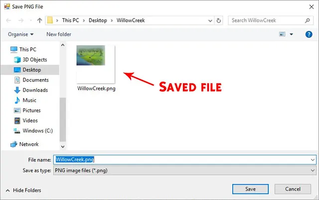 A Save PNG window, showing a file called &#x27;WillowCreek.png&#x27;, with red text saying &#x27;Saved File&#x27; and an arrow pointing to the file