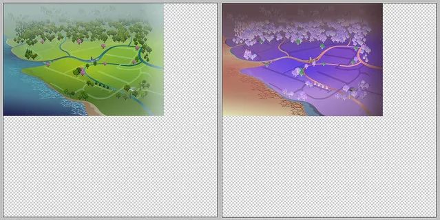 The original Willow Creek map on the left, the same map with the colours inverted so that it&#x27;s mostly purple and blue instead of green on the right
