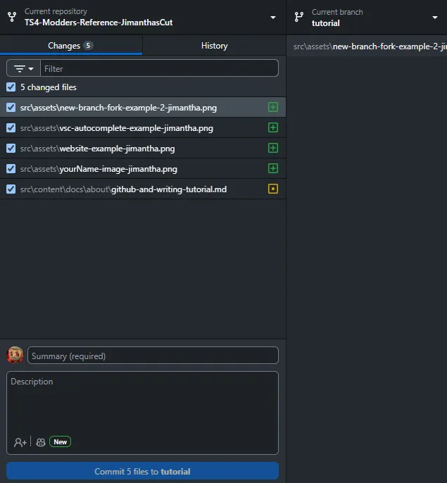 An image showing the Github Desktop interface with the files I changed at the time of writing this section of the tuturial.