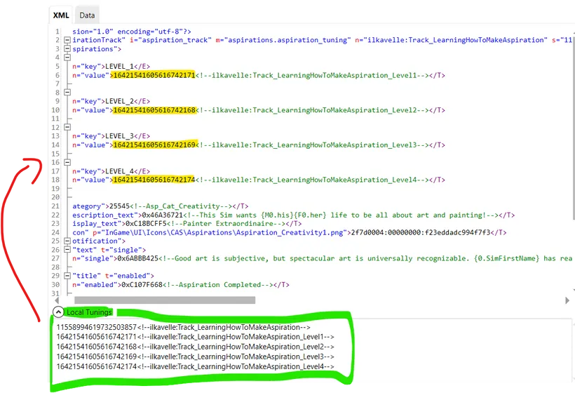 The tuning of the Aspiration Track Tuning with the instances of the Levels highlighted, and with the Local Tunings expanded at the bottom. The Local Tunings are in a green box with an arrow pointing to where they're referenced in the tuning