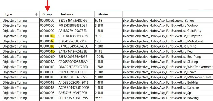 A list of Objective Tunings, with an arrow pointing at the Group column. Some, with group IDs that indicate they require a pack, are highlighted.