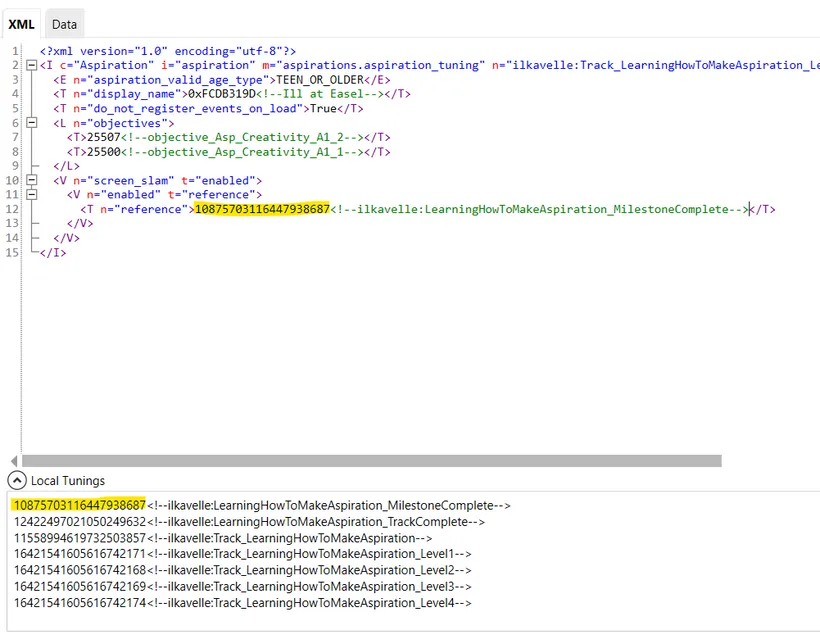 The tuning of an aspiration, with Local Tunings expanded at the bottom. The milestone complete screen slam instance is hignlighted in both places