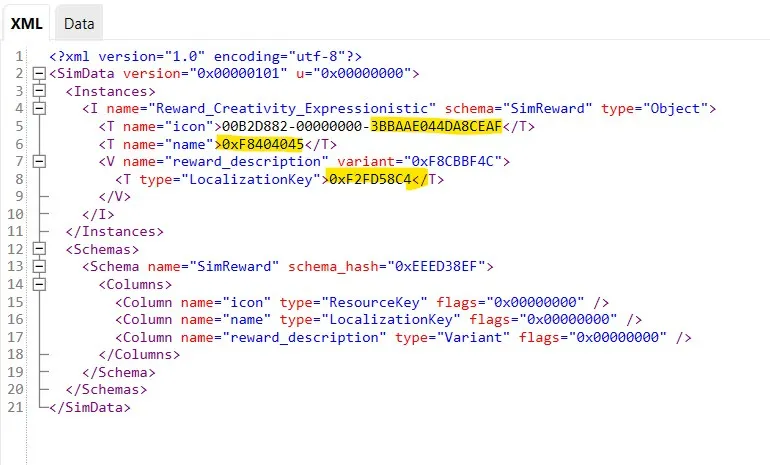 The SimData of a Reward, with the icon, name and description highlighted