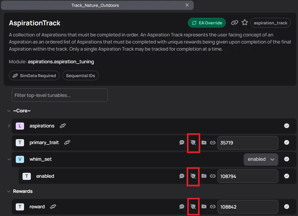 The top of the Track_Nature_Outdoors aspiration as shown in Tdesc Builder. There are three red boxes outlining shields with a line through them.