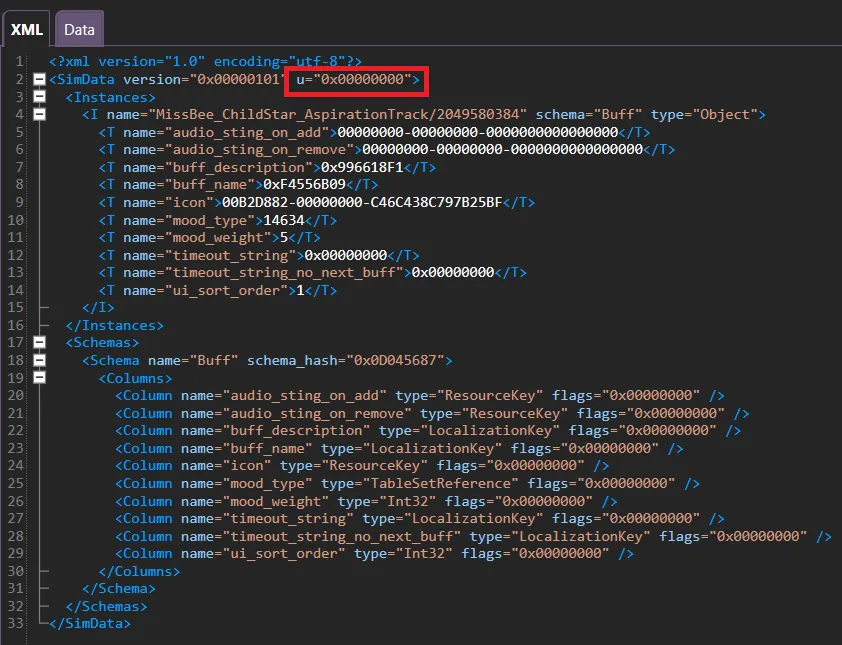 A SimData file, with the &#x27;u&#x27; number in a red box