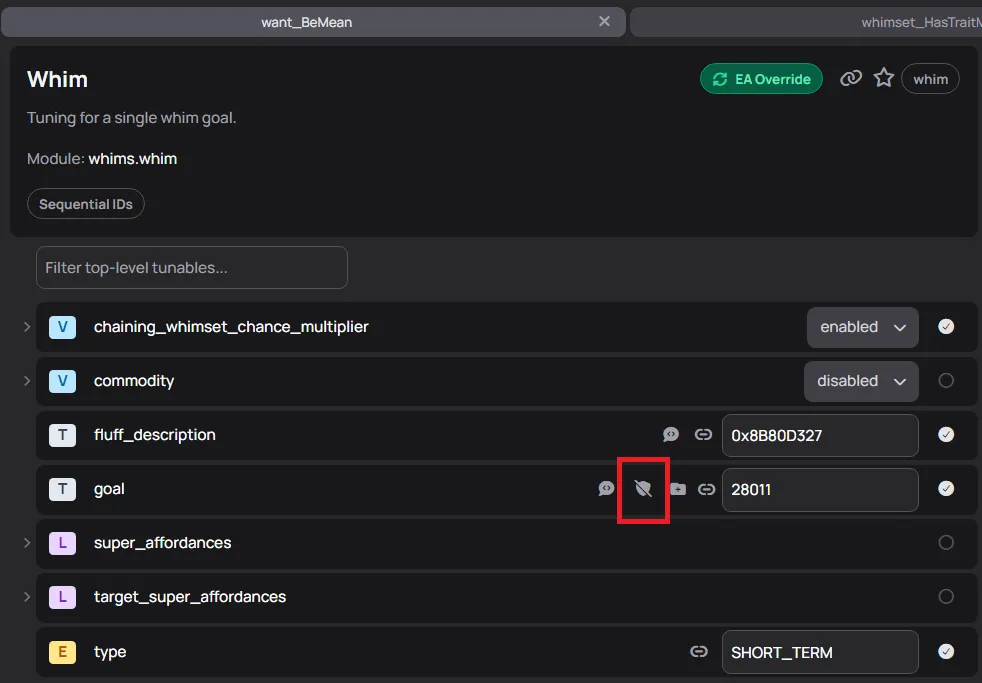 A Whim, with the icon on the Goal indicating that it's not pack safe