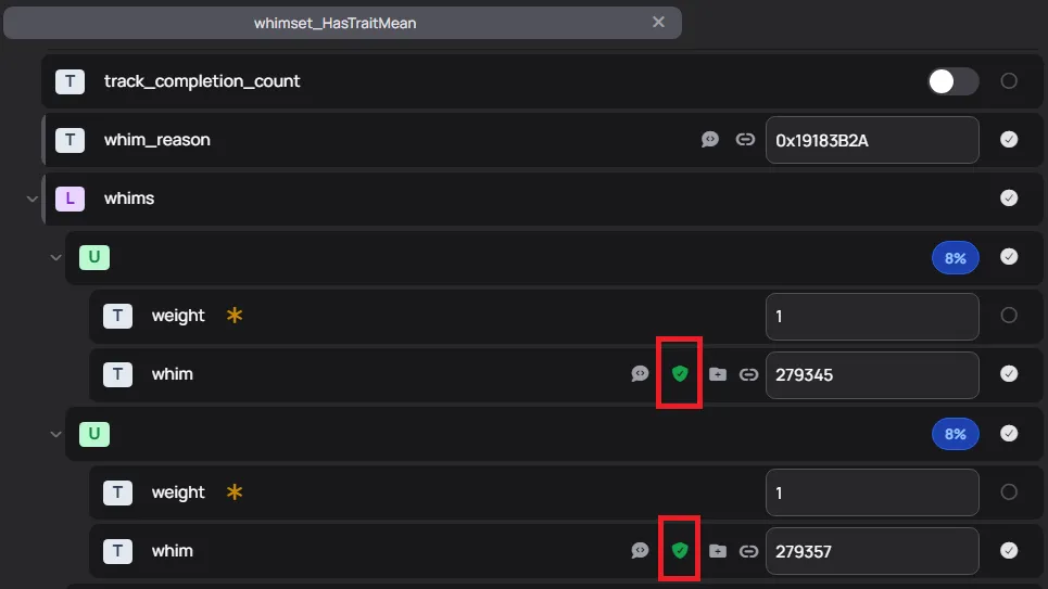 The Whims section of a Whim Set, with red boxes around green shields with check marks on them.