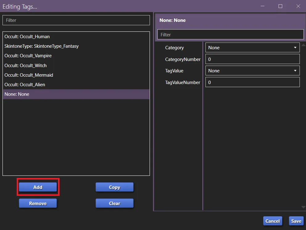 The Editing Tags... Window open. The Add button is in a red box and a new tag, None: None, has been added.