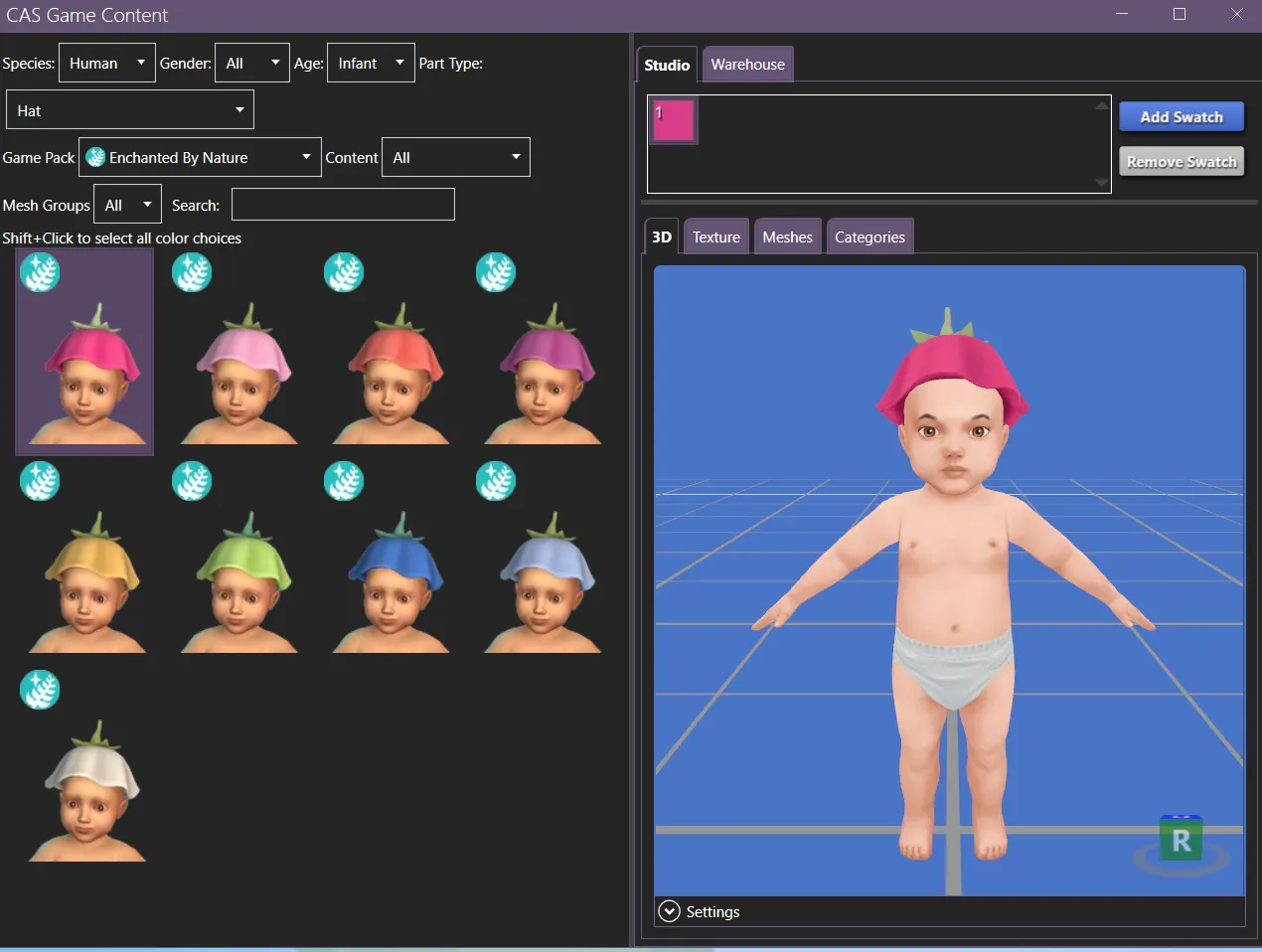 An infant wearing a flower hat from Enchanted by Nature selected in CAS Game Content, with other swatches of the same hat visible, and various filtering options.