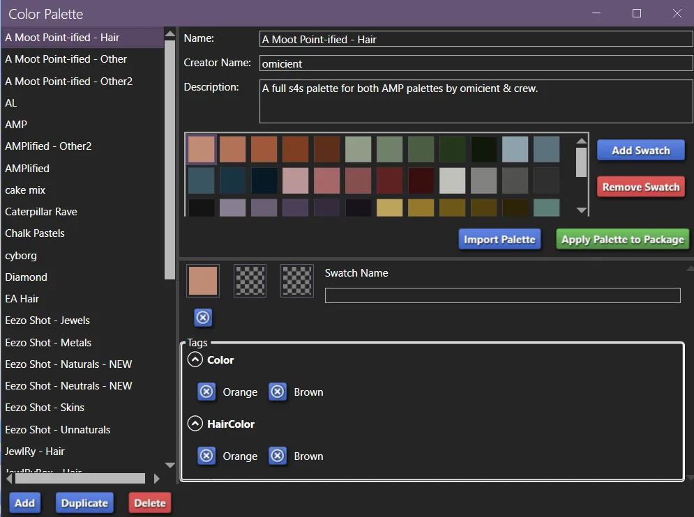 The Color Palette window, with a list of palettes at the left, a name and creator name and description at the top right, with the palette color thumbnails below, and the selected swatch along with its tags at the bottom right.