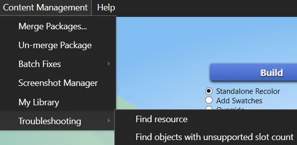 The Content Management menu of S4S, with the options listed below. The Troubleshooting sub-menu is open to the right.
