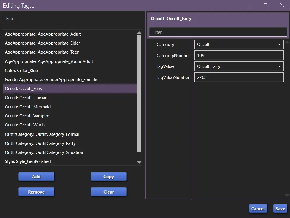 The Editing Tags... window open, with Occult: Occult_Fairy selected on the left, and the Category, CategoryNumber, TagValue, and TagValueNumber for that tag shown on the right.