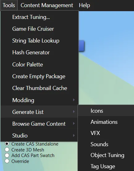 The Tools menu of S4S, with the Generate List sub-menu open to the right, with the options listed below.