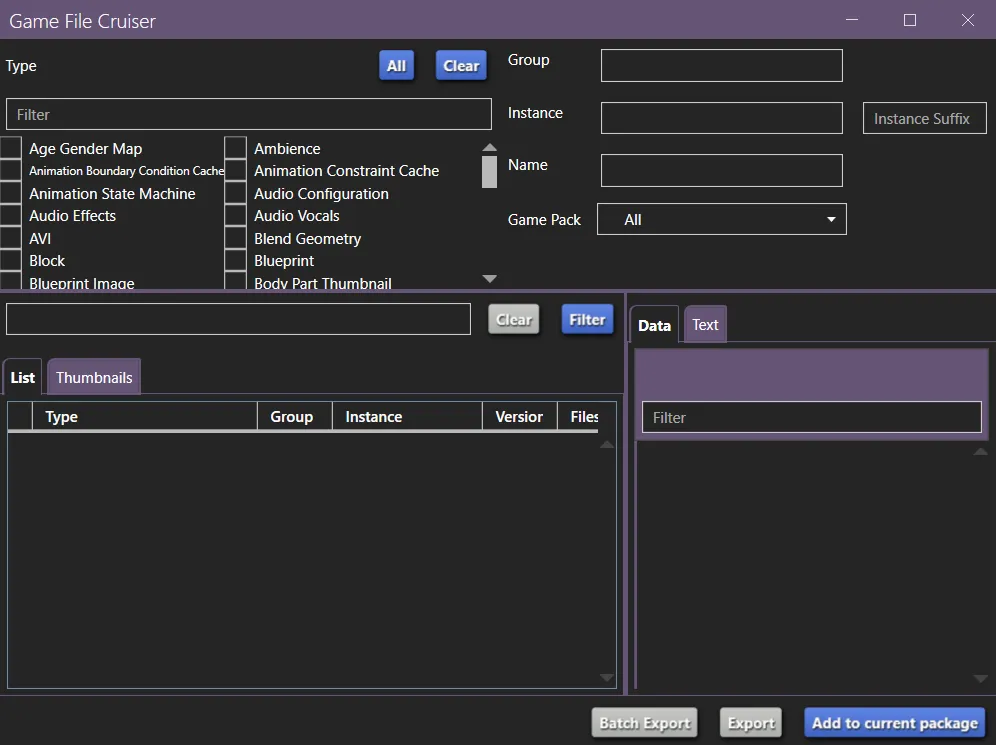 The Game File Crusier window, as described below.