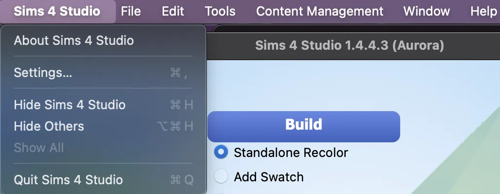 The top left of Sims 4 Studio on Mac. The app menu is open at the left, and File, Edit, Tools, Content Management, Window, and Help are to the right along the top.