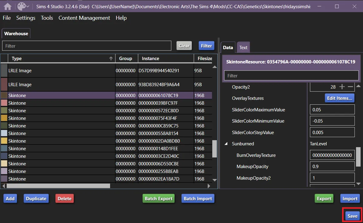The package file open, with the Save button in a red box