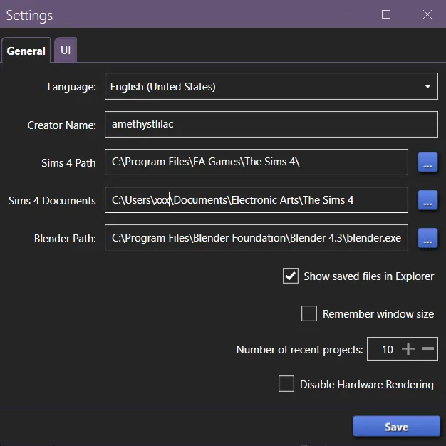 The Settings menu of S4S, open to the General tab