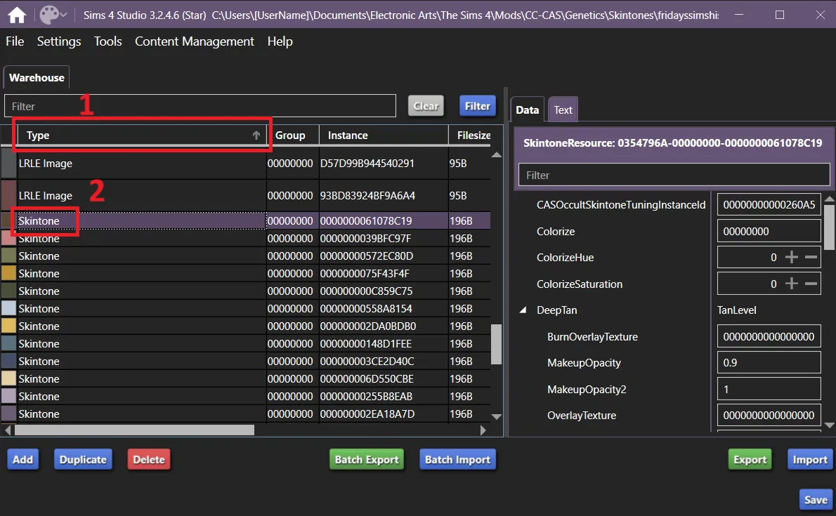 A skintone file open, with the Type category sorted in alphabetical order as shown by an arrow in the box, with one of the Skintones selected. Type is in a red box near the number 1, and the selected Skintone is in a red box near the number 2.