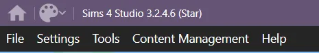 Top top left of Sims 4 Studio on Windows. The title bar has a house, a paint palette, and the S4S version number. The menu below has five options: File, Settings, Tools, Content Management, and Help