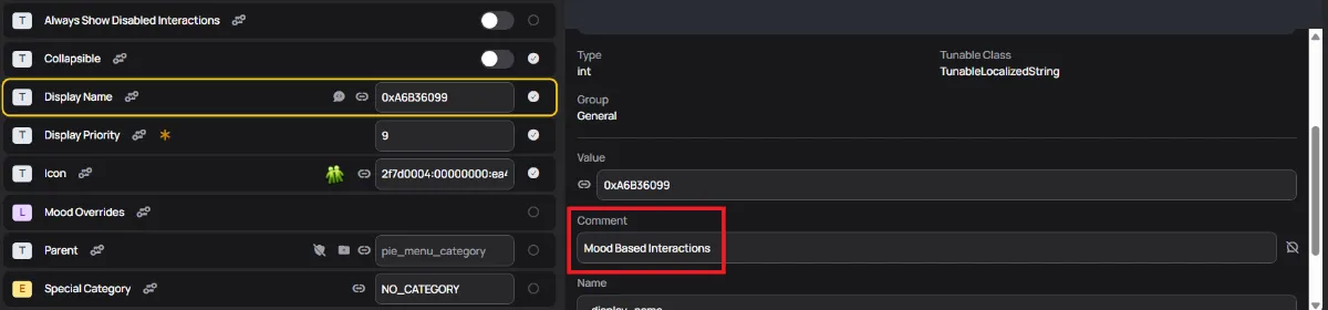 The options for a pie menu, with Display Name highlighted in yellow on the left, and with the comment Mood Based Interactions in a red box on the right.
