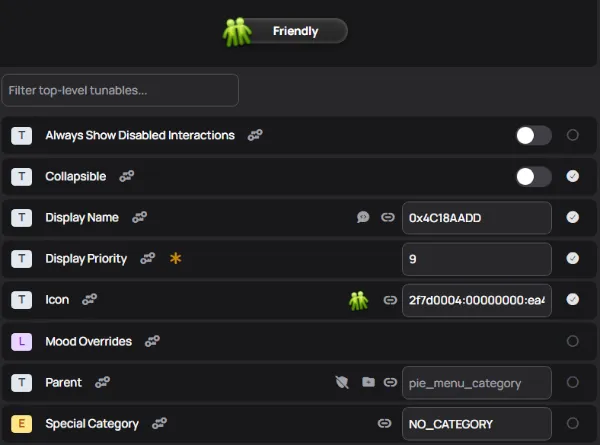 The options for a pie menu