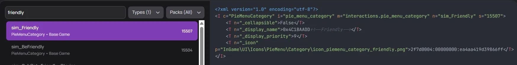 Search results showing sim_BeFriendly and sim_Friendly