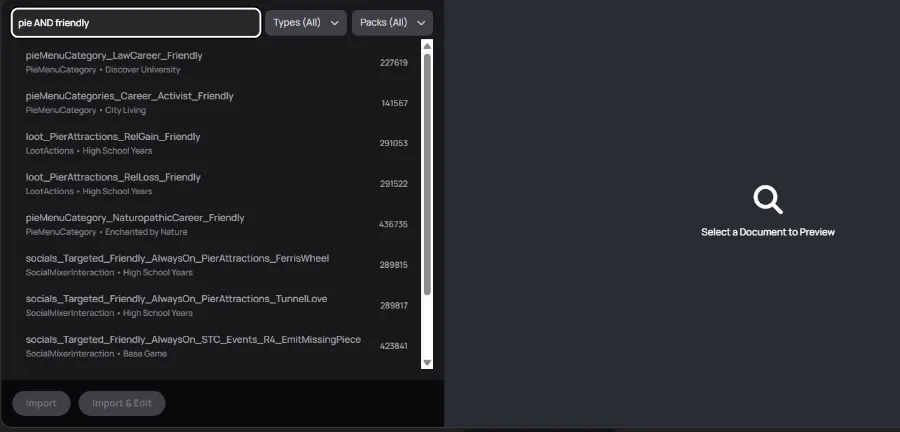 A search window open, with 'pie AND friendly' being searched for on the left, with various search results below and two filters for Types and Packs on the right, and on the right is a blank space that says 'Select a Document to Preview.'