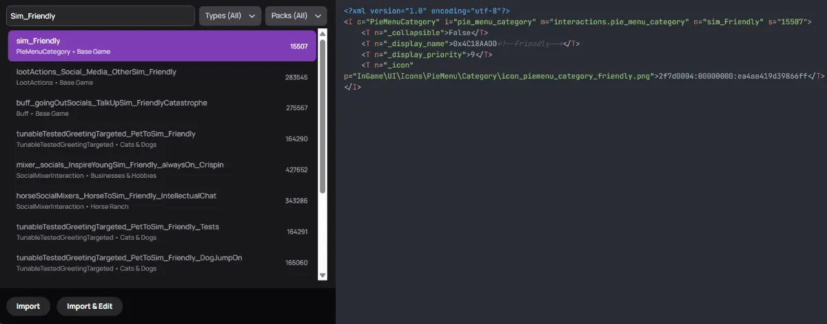 Search results in Tdesc Builder for sim_Friendly, with that file selected and others containing that phrase listed below.